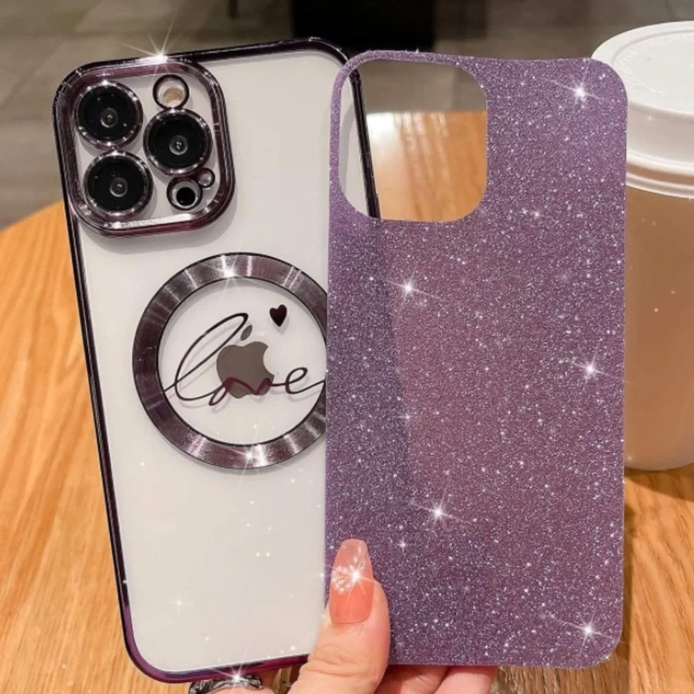 Magnetic Glitter purple Love Heart Case For iPhone 14 Pro Max Shockproof